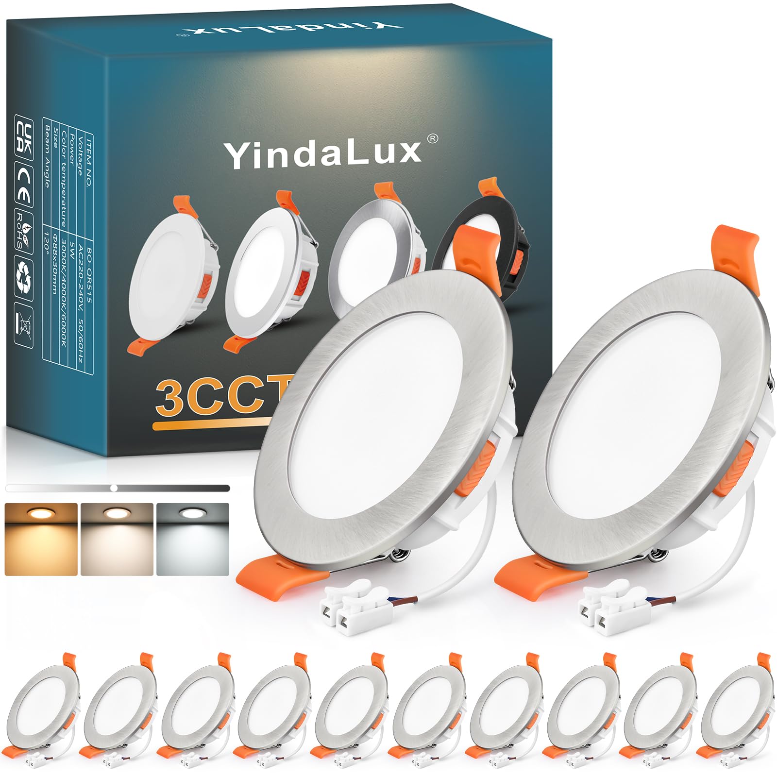 YindaLux Recessed LED Spotlight 230V Dimmable 5W 550LM – Nickel Ceiling Spot, 68mm Hole Size, IP44 Bathroom Recessed Lighting – Warm 3000K | Neutral 4000K | Cool 6000K (12-Piece Set)