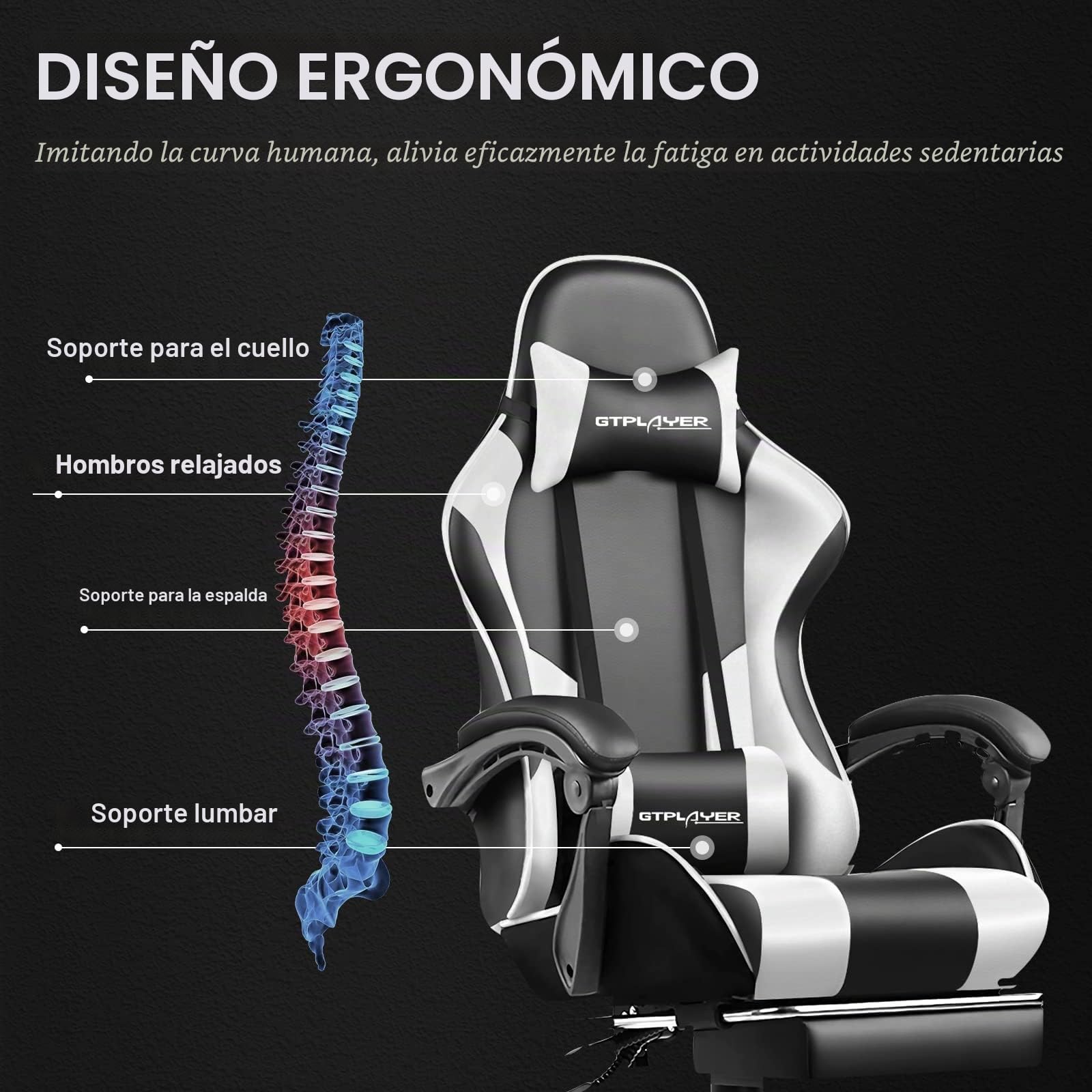 GTPLAYER Silla de Videojuegos ergonómica para Masaje con reposapiés y Soporte Lumbar, Altura Ajustable, Asiento Giratorio de 360° y reposacabezas para Oficina, Color Blanco
