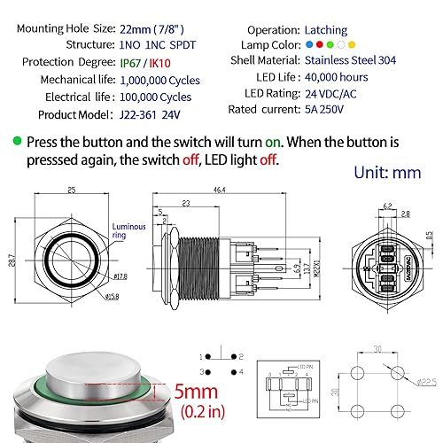 Miniatura 2 de 2 interruptores de botón con pestillo de 0.866 pulgadas, alto redondo, parada de arranque, resistente al agua, encendido y apagado, acero inoxidable