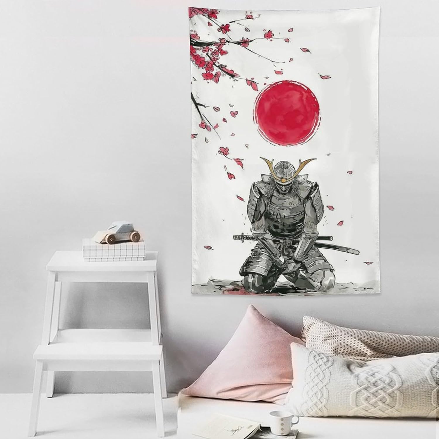 JYOUQOC Japanese Samurai Kneeling Down Cherry Blossoms Tapestry Wall Decor Large Wall Art Backdrop Flag Hanging for Bedroom Living Room Dorm Office 40"×60"