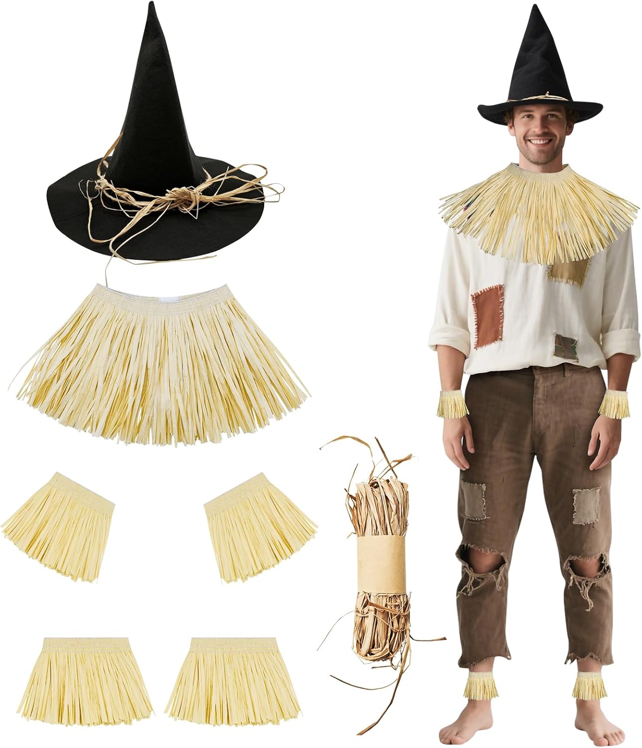 7pcs Scarecrow Costume,Outfit Accessories for Adult,One Size Collar Hat Cuffs,Diy Accessory Kit for Holloween Cosplay Dress Up