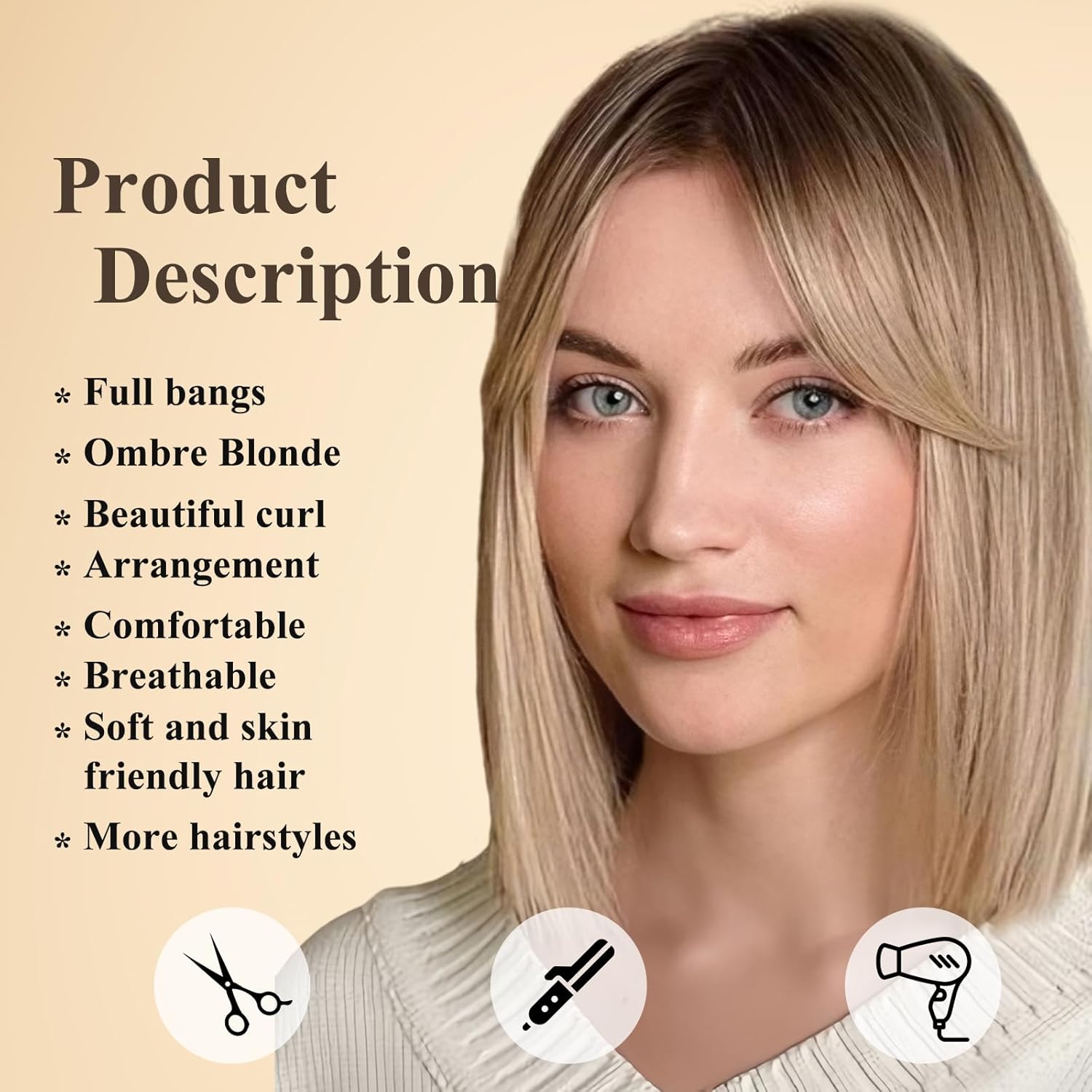 Alanhair Ombre Brown Blonde Wigs for Women Ash Blonde Wig with Curtain Bangs Shoulder Length Natural Synthetic Wig for Daily Use - Image 3