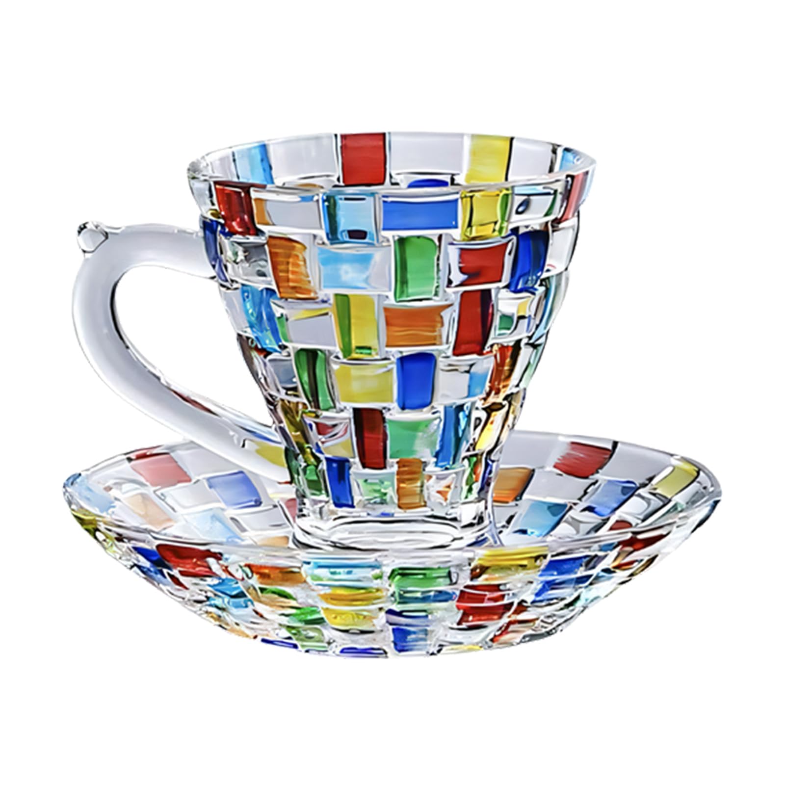 NVOQILIN Painted Colorful Glass Cup and Saucer Set Woven Crystal Drinking Mug for Water Juices and Coffee with Artistic Design Glass Drinking Cup