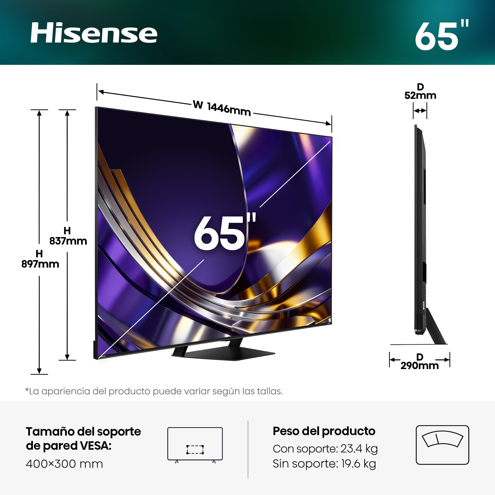 Hisense 65U7S Pro - MiniLED Pro Smart TV 65 Pulgadas, Hi-QLED MiniLED Pro, Modo Juego 165 Hz Nativos, Sonido Envolvente 2.1.2, Anti Reflection & Glare Free, IMAX Enhanced, Dolby Vision IQ, HDR 10+