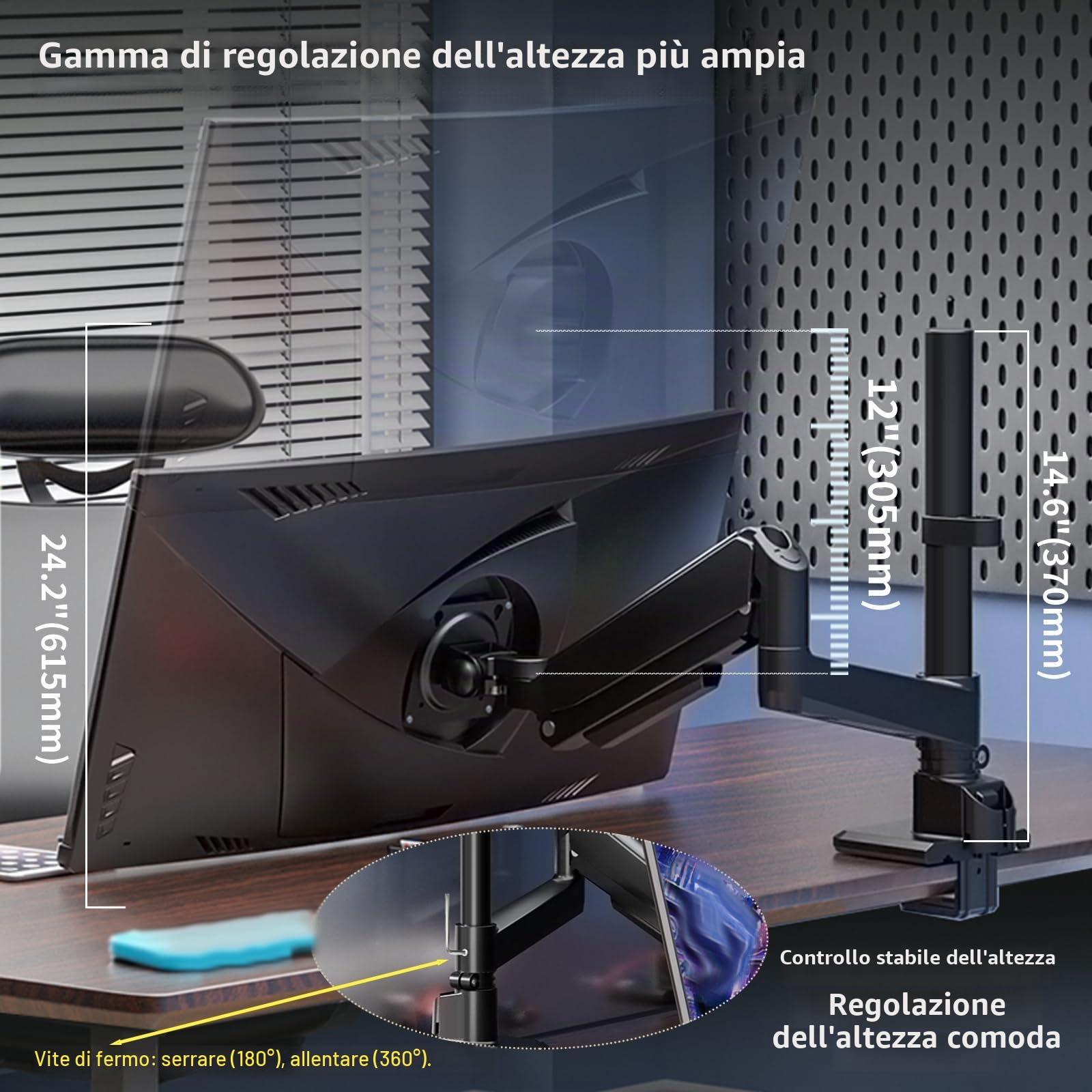 Braccio Monitor Nero per Schermi Ultralargo da 17 a 60 Pollici,Supporta 20kg, Supporto Monitor a Molla a Gas Regolabile in Altezza Con Asta, Ergonomia Rotazione VESA 75x75/100x100mm