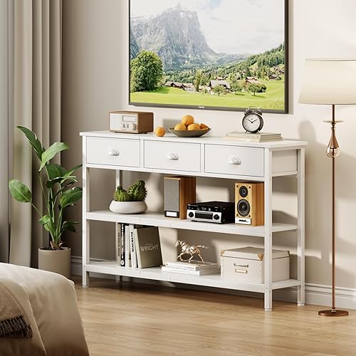 Miniatura 14 de Furologee Mesa de sofá larga de 47 pulgadas con 3 cajones, mesa de entrada con estantes de almacenamiento de 3 niveles, estante de exhibición Marrón