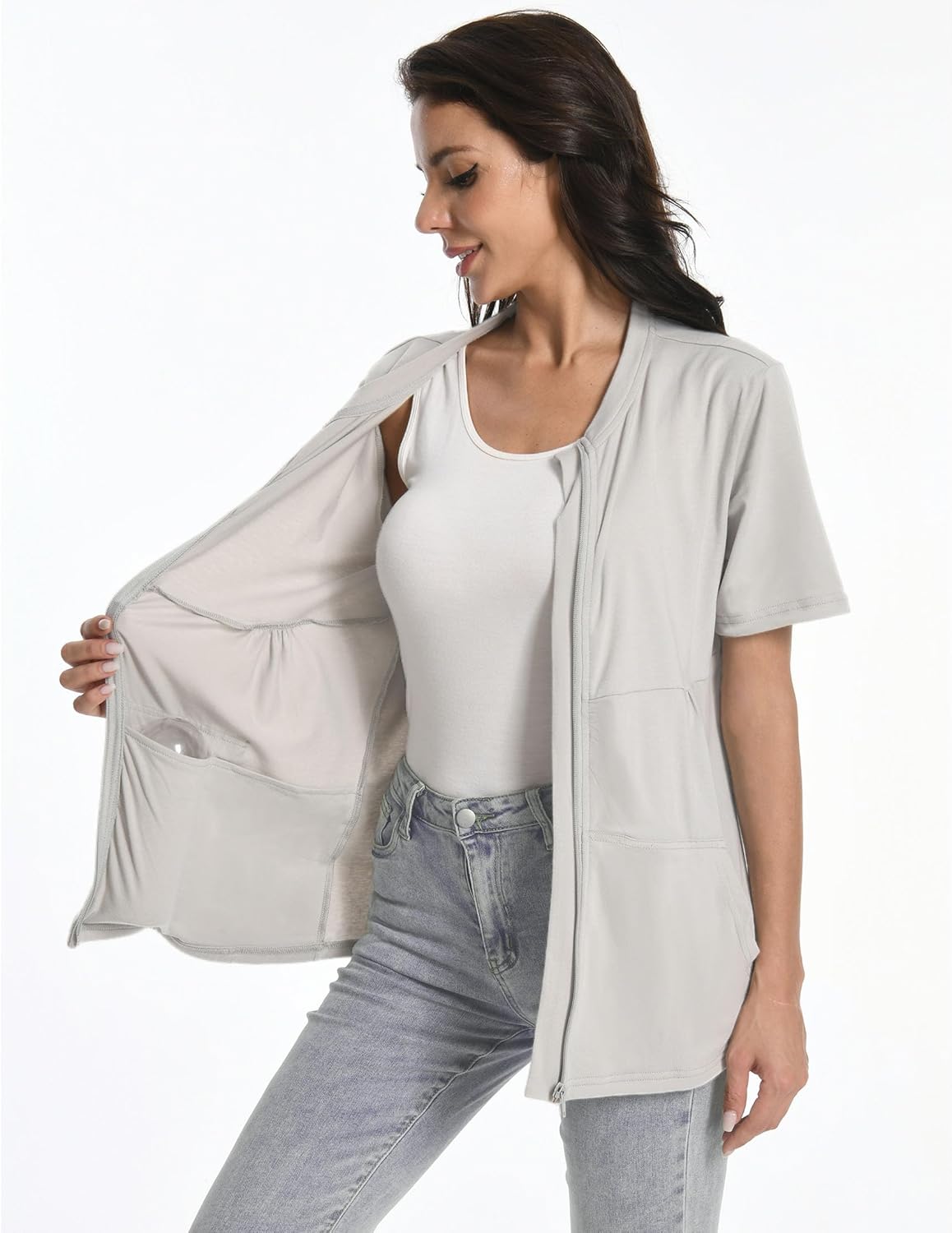 Post Mastectomy Zip Shirts with Drain Pockets Surgery Recovery Must Haves Clothing Comfy Short Sleeve Shirts - Image 2
