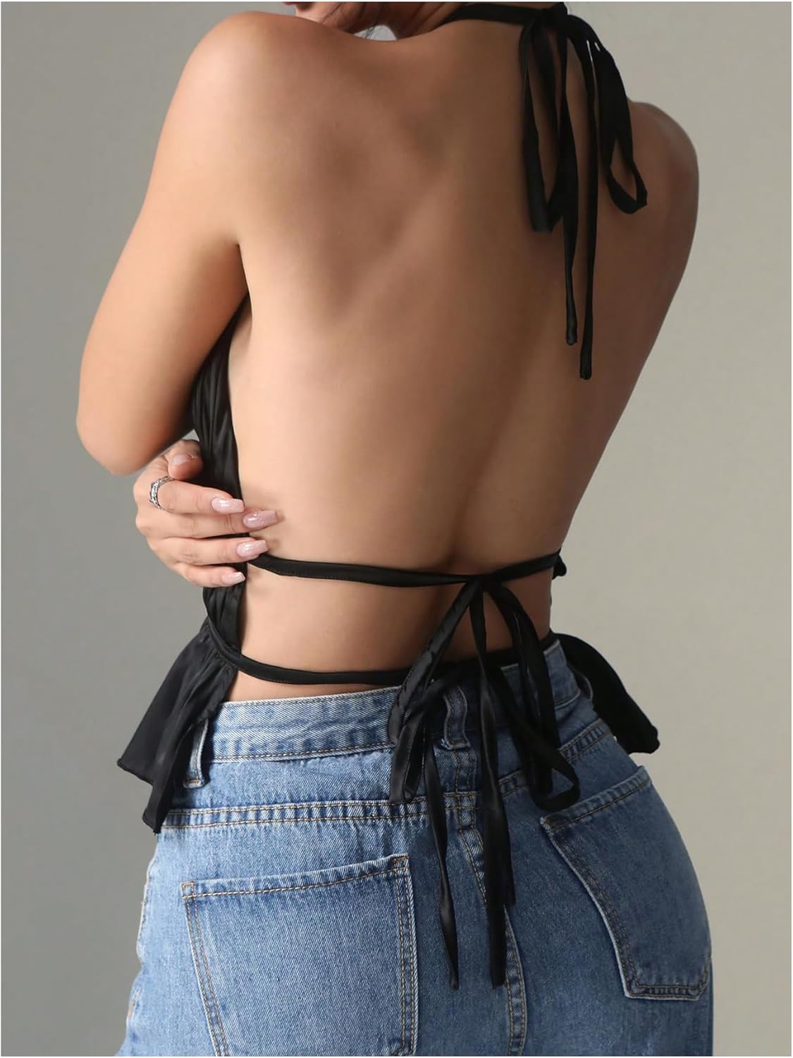 MakeMeChic Halter Tops for Women Going Out Tops Y2k Ruffle Cute Summer Backless Top - Image 4