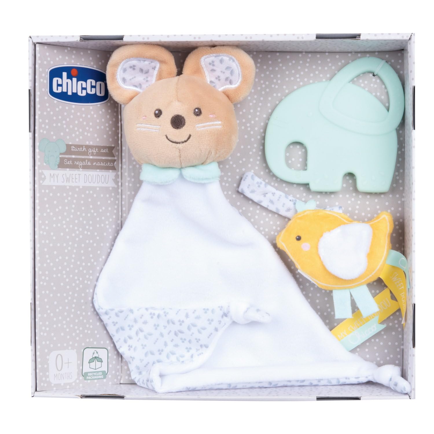 Chicco, Set Regalo Nacimiento My Sweet DouDou, Suave DouDou Manta Ratón, Tierno Portachupete en Terciopelo Suave, Mordedor Elefantito con Textura en Relieve, Regalo Bebés 0+ Meses