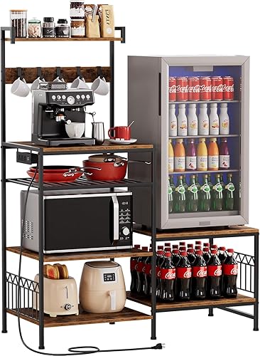 Portin Soporte para mini nevera y cafetera de microondas, gran capacidad de almacenamiento, con toma de corriente y ganchos en S, estante para