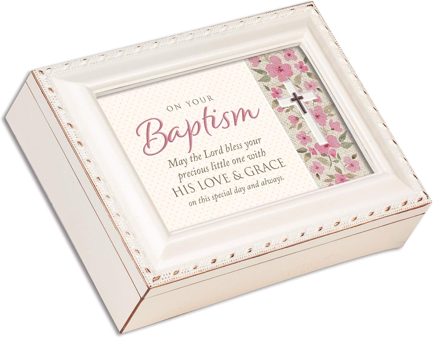 Cottage Garden Baptism Bless Little One White Silver Rope Traditional Music Box Plays Jesus Loves Me