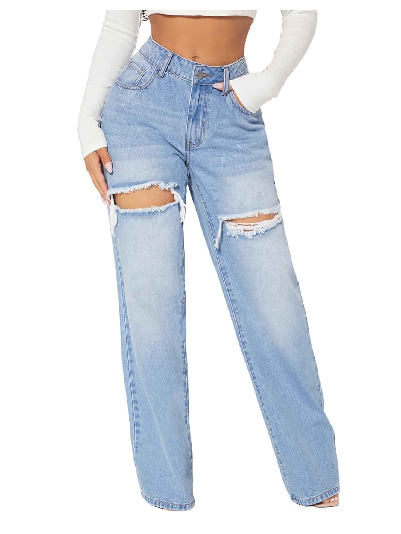 GORGLITTER Women's Ripped Distressed Jeans Low Rise Baggy Straight Leg Denim Pants Western Cowgirl Outfits Jeans