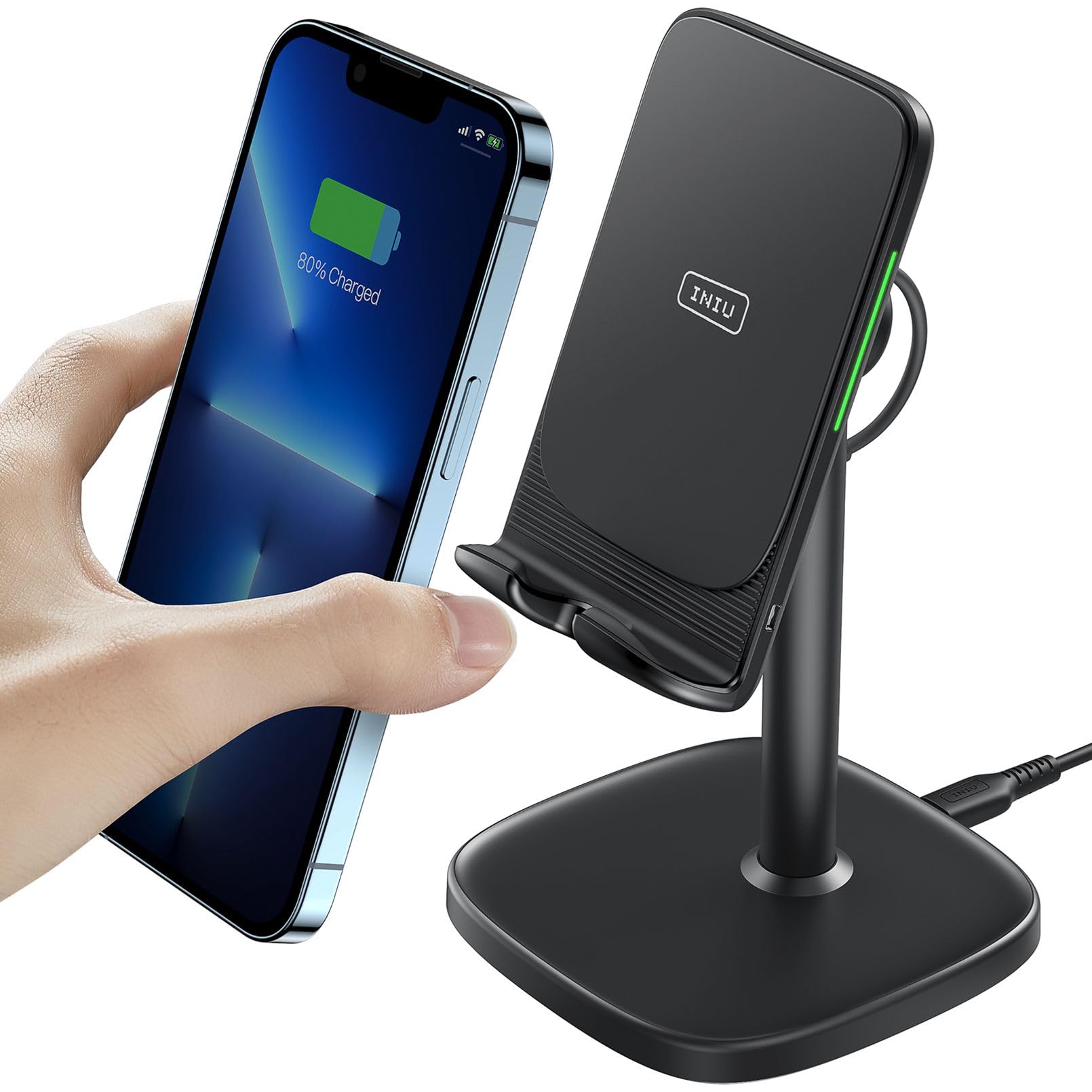 INIU Caricatore Wireless Phone Stand, 15W Certificato Qi Ricarica Rapida di Adujstable Wireless Charger Holder Indicatore Adattivo Supporto per iPhone 15 14 13 12 11 Samsung Galaxy Xiaomi Google LG