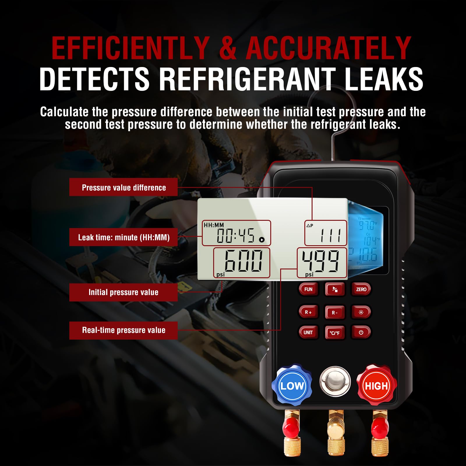 AMF-300 Manometro Digitale di Gas Refrigerazione, Manometro Per Vuoto Condizionatori per 93 tipi di refrigeranti con 2 morsetti di temperatura e tubi flessibili da 3000 PSI, HAVC Gigitale