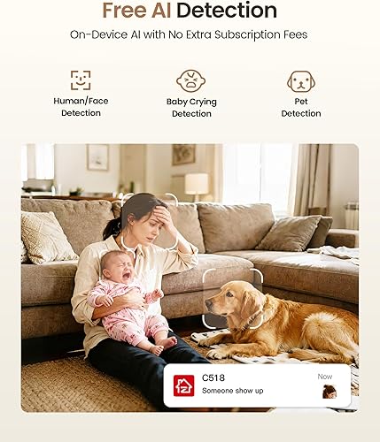Miniatura 4 de ZOSI Cámara de seguridad para interiores 4K, C518 WiFi PanTilt para mascotaperrobebé, seguimiento automático, detección de humanoscarasmascotas,