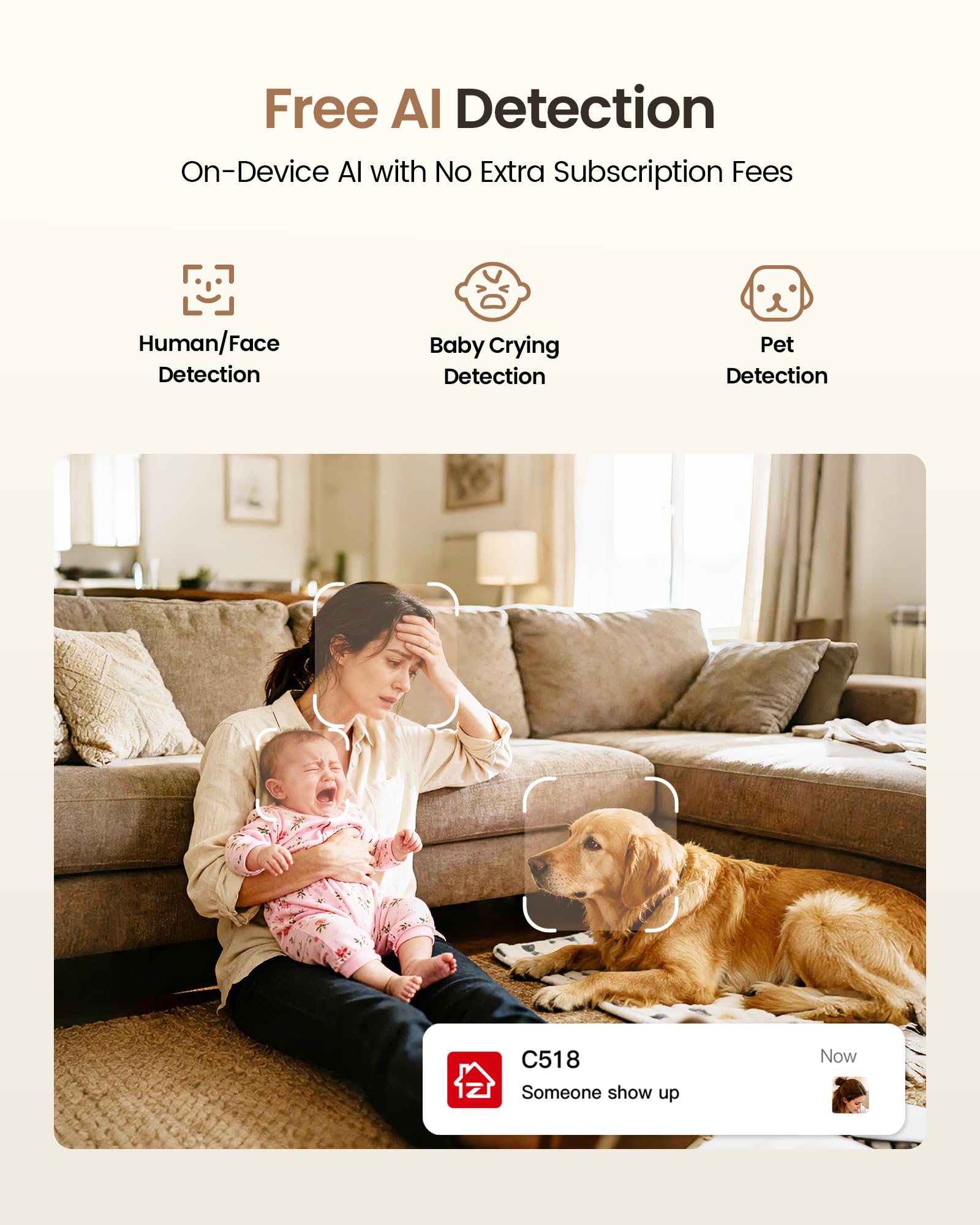 ZOSI 4K C518 Cámara Vigilancia Seguridad WiFi Interior para Bebé/Mascota, Detección y Seguimiento de Movimiento, Vista de 360°, Audio Bidireccional, 2.4G/5G WiFi, 64GB Tarjeta Incluida | Detección y seguimiento de personas/mascotas, giro de 360°, audio bi