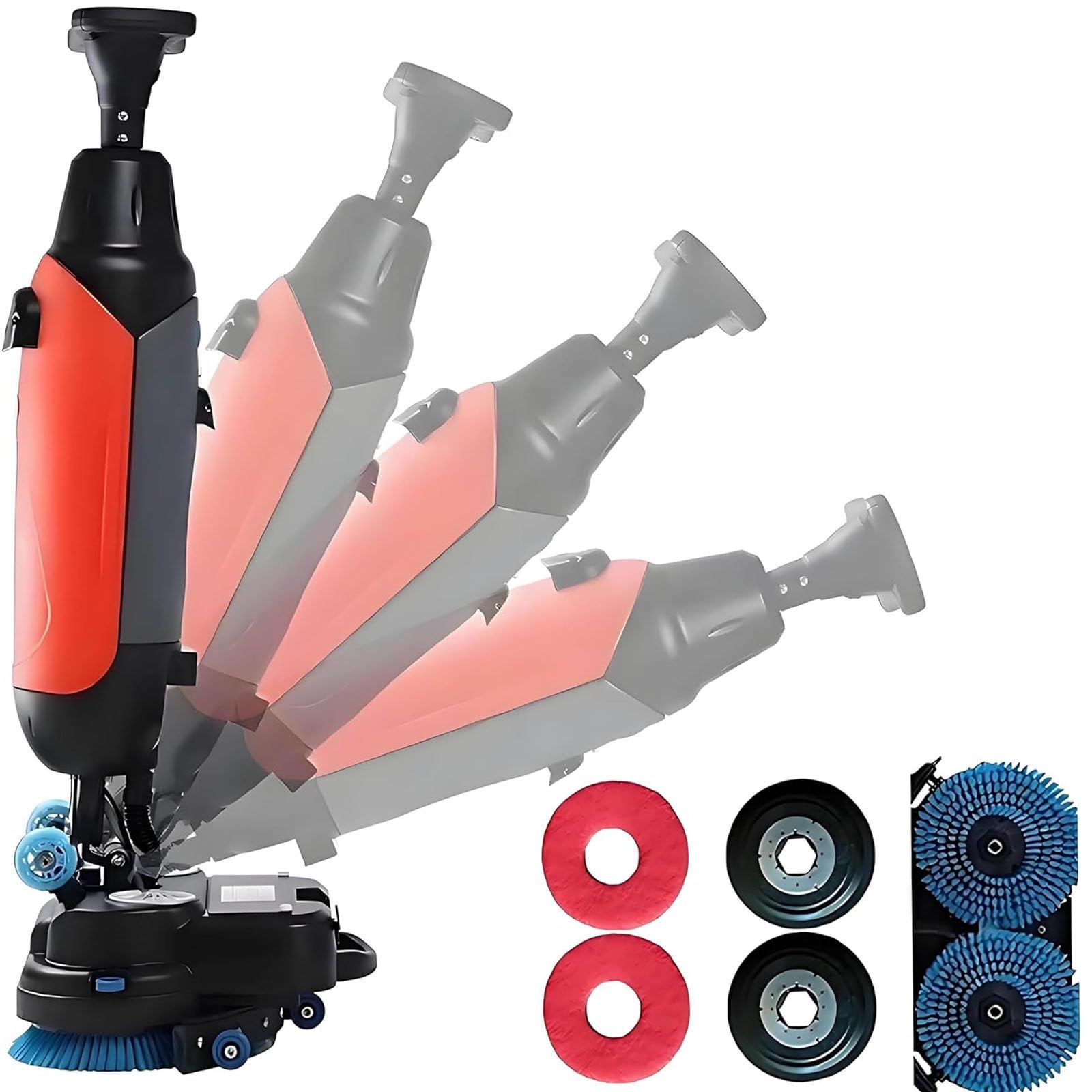 Drmoxin Red Commercial Floor Scrubber Machine, Cordless Hand Push Washer, 13000 Sqft/H, 350 Rpm Rotary Double Brushes For Efficient Cleaning In Supermarkets And Large Spaces