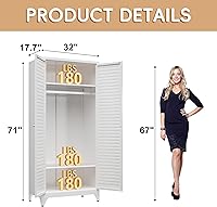 Vista 3 de 71" Metal Wardrobe Cabinet with Hanging Rod, Wardrobe Closet with Doors and Adjustable Shelves, Whiet Clothing Storage Cabinets for Blanco