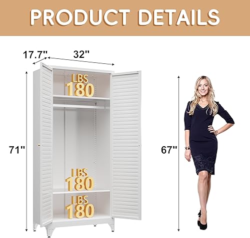 Miniatura 3 de 71" Metal Wardrobe Cabinet with Hanging Rod, Wardrobe Closet with Doors and Adjustable Shelves, Whiet Clothing Storage Cabinets for