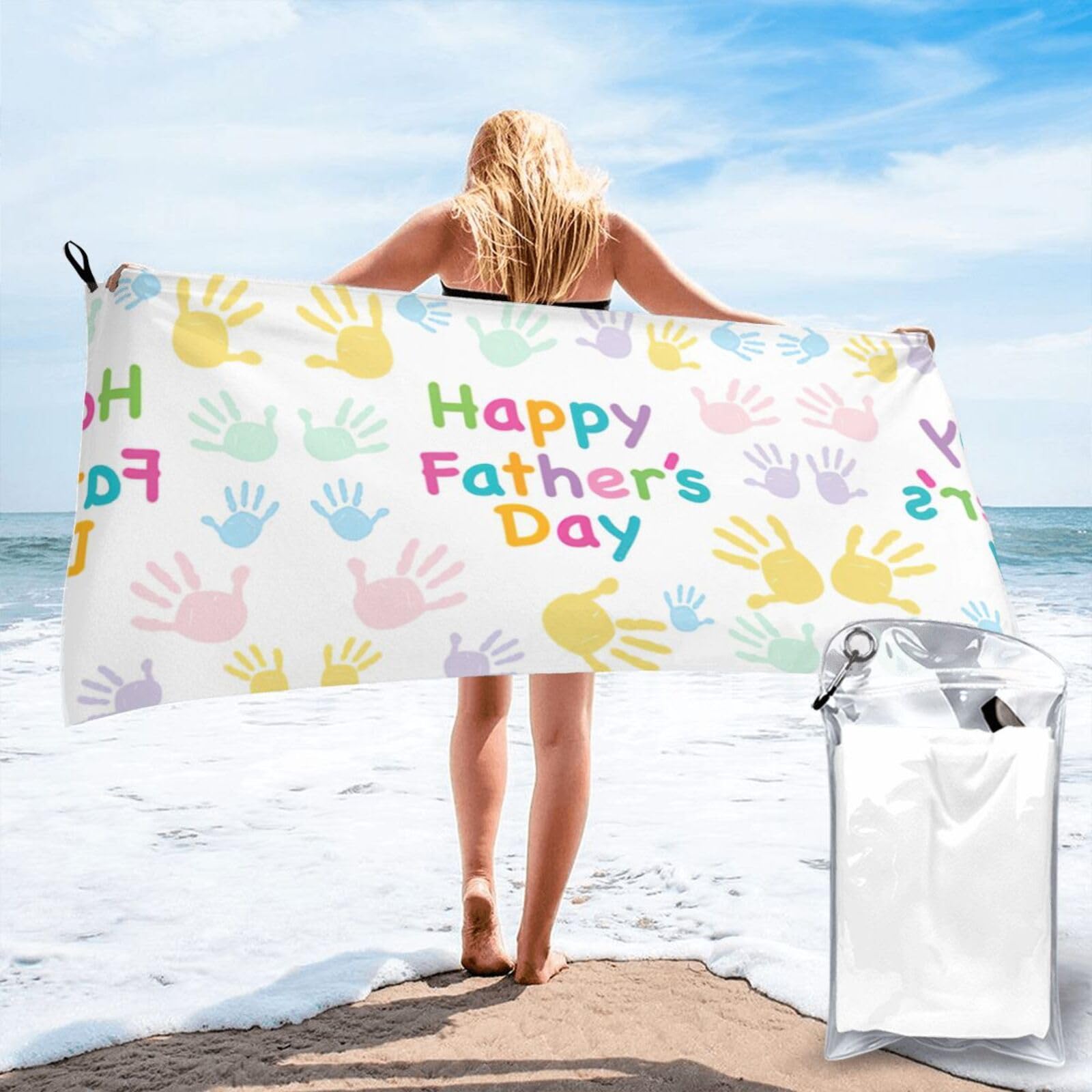 WYCZHY Hand And Happy Fathers Day Print Beach Towel Soft Quick Dry For Spa Pool Gym Vacation Travelers Women Men Adults Sauna Gift