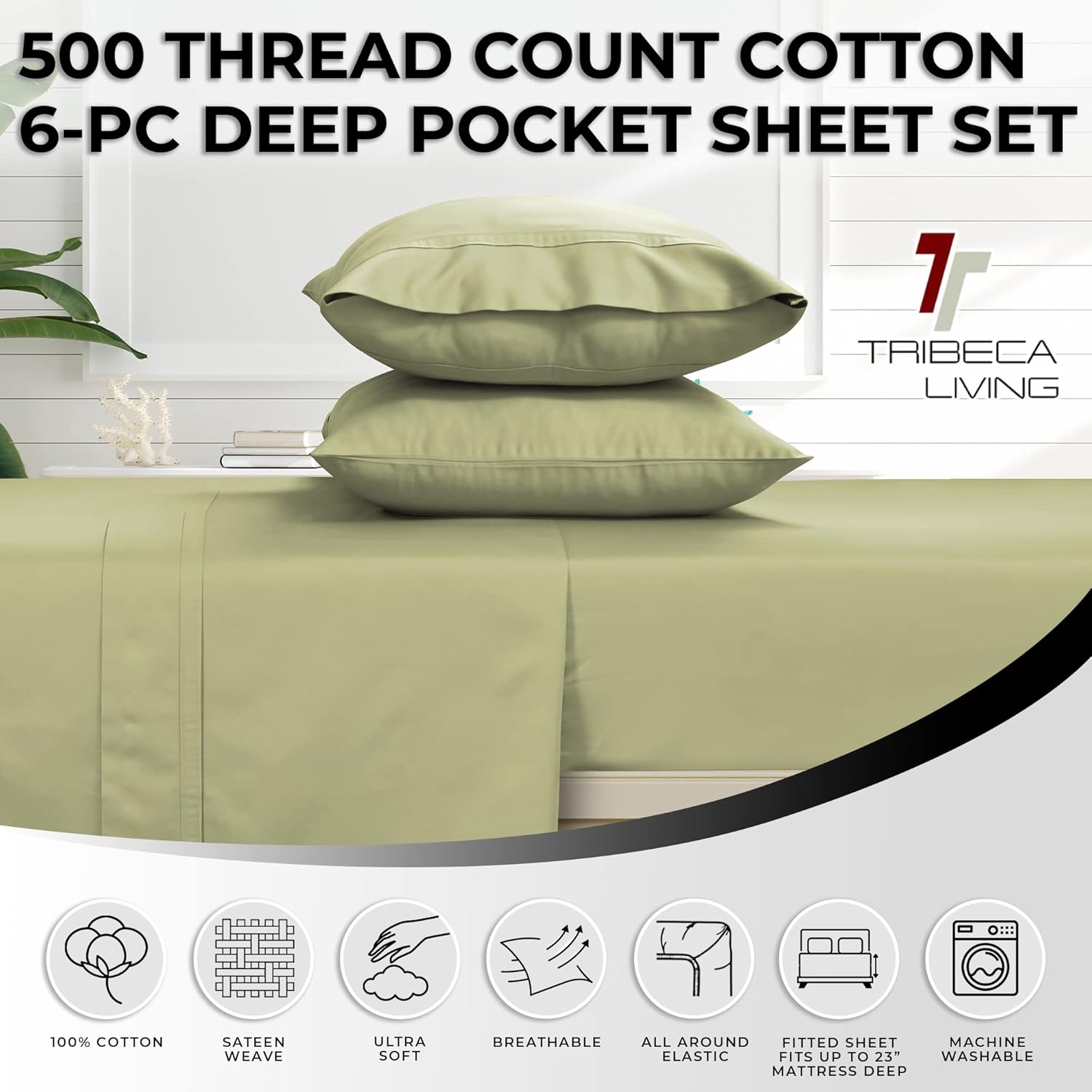 Tribeca Living Egyptian Cotton Sheets Cal King Size - 500 Thread Count Sateen Weave for Silky Softness - Deep Pocket Fitted Sheet Stays Secure on Thick Mattresses, 6-Piece Sheet Set in Green