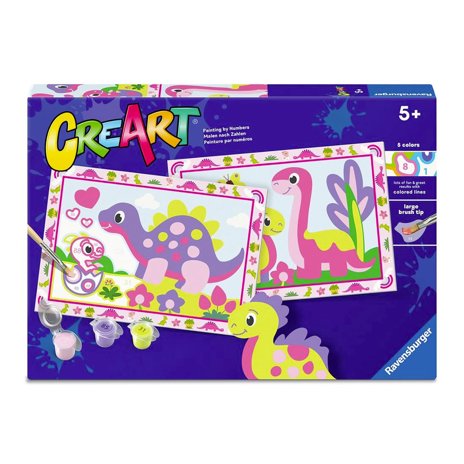 Ravensburger - Creart Junior - 2 X Cute Dinosaurs | Paint by Numbers | Painting Kit | Measures 22 X 32 | Children's Games 5 Years | Gift Ideas | Gift Child 5 Years