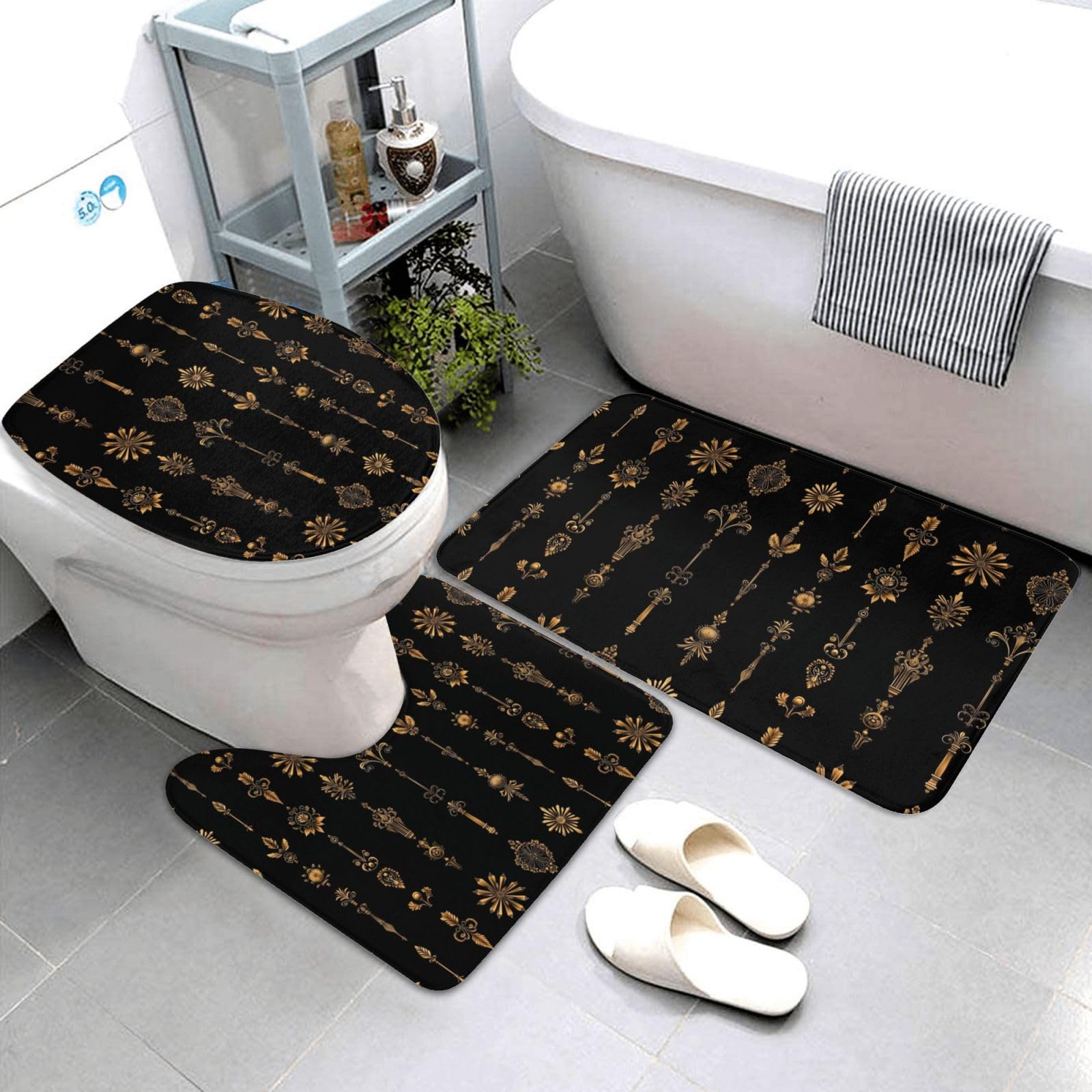 Tapis de salle de bain absorbant et antidérapant lot de 3 lavable motif rétro doré