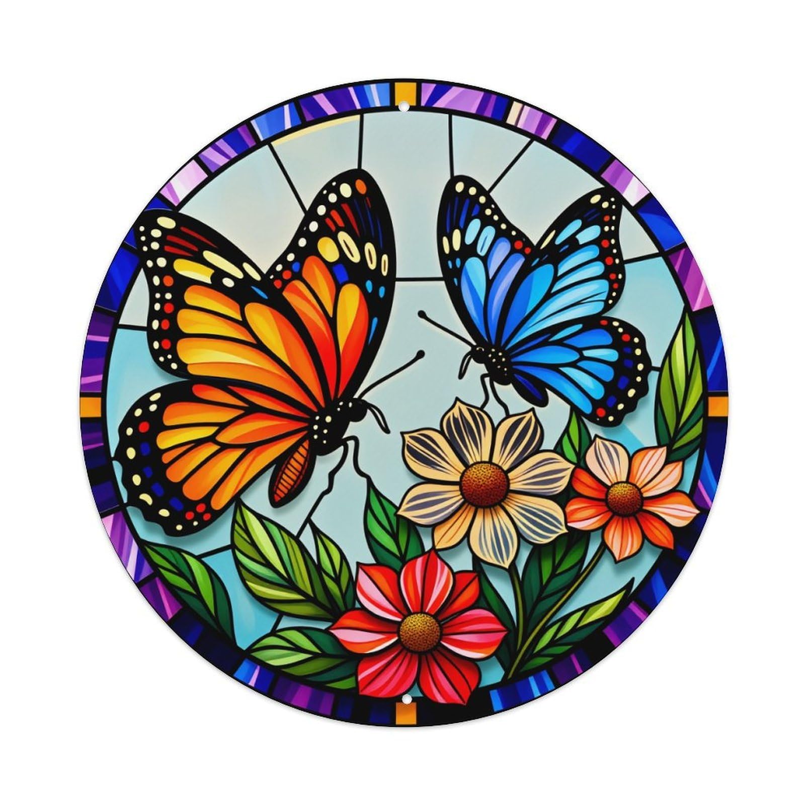 Butterfly Flower Stained Glass Art Pattern Round Tin Sign Vintage Metal Poster Retro Bar, Home, Man Cave, Kitchen, Laundry Room Wall Art Decor Gift 8x8Inch