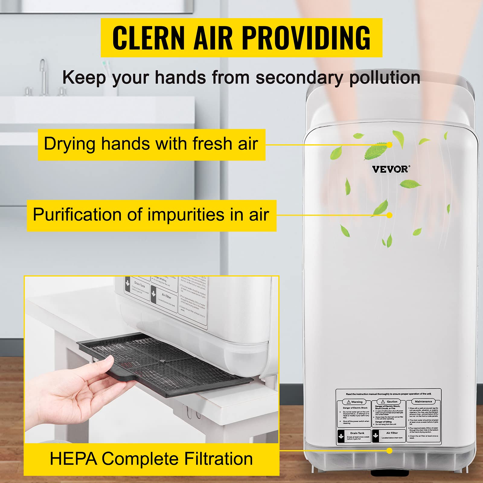 VEVOR Sèche-Mains Automatique 2000W Sèche Main Air Pulsé Électrique Commercial ABS Super Puissant Filtration HEPA 43℃ Moteur à Balais Carbone pour Sécher Séchage Mains Toilettes 290x220x685 mm Blanc