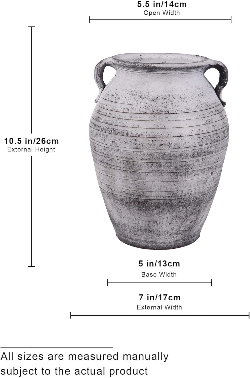 Large Ceramic Vase for Decor with 2 Handle - 7x7x10.5 Inch Rustic Vintage Flower Pottery Vase for Home Countertop, Shelf, Centerpiece and Table Deocration White