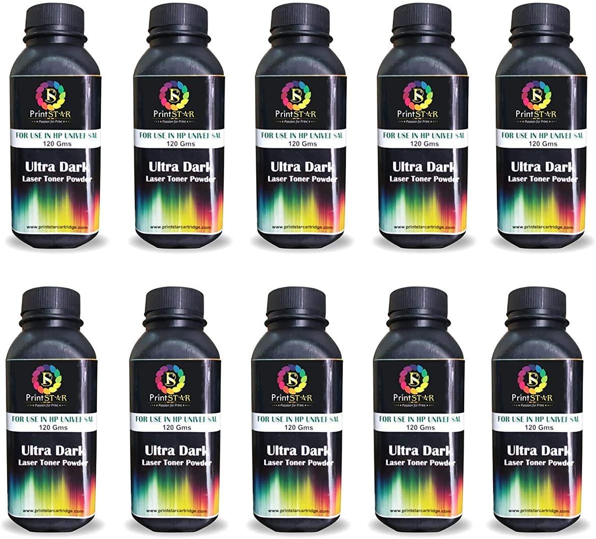 Print Star Ultra Dark Black Toner Powder Compatible with HP 12A, 15A, 49A, 53A, 55A, 26A, 05A, 79A & Canon FX9, 103, 703, 903 Cartridges | Easy Refill | High Yield Toner (120g, Pack of 10)