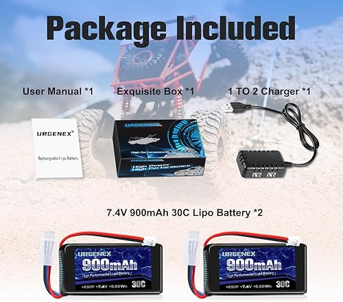 Miniatura 7 de URGENEX Batería SCX24 7.4V Lipos 2S 30C (60C) Batería de litio recargable de 900 mAh con enchufe PH2.0 compatible con la mayoría de camiones RC a