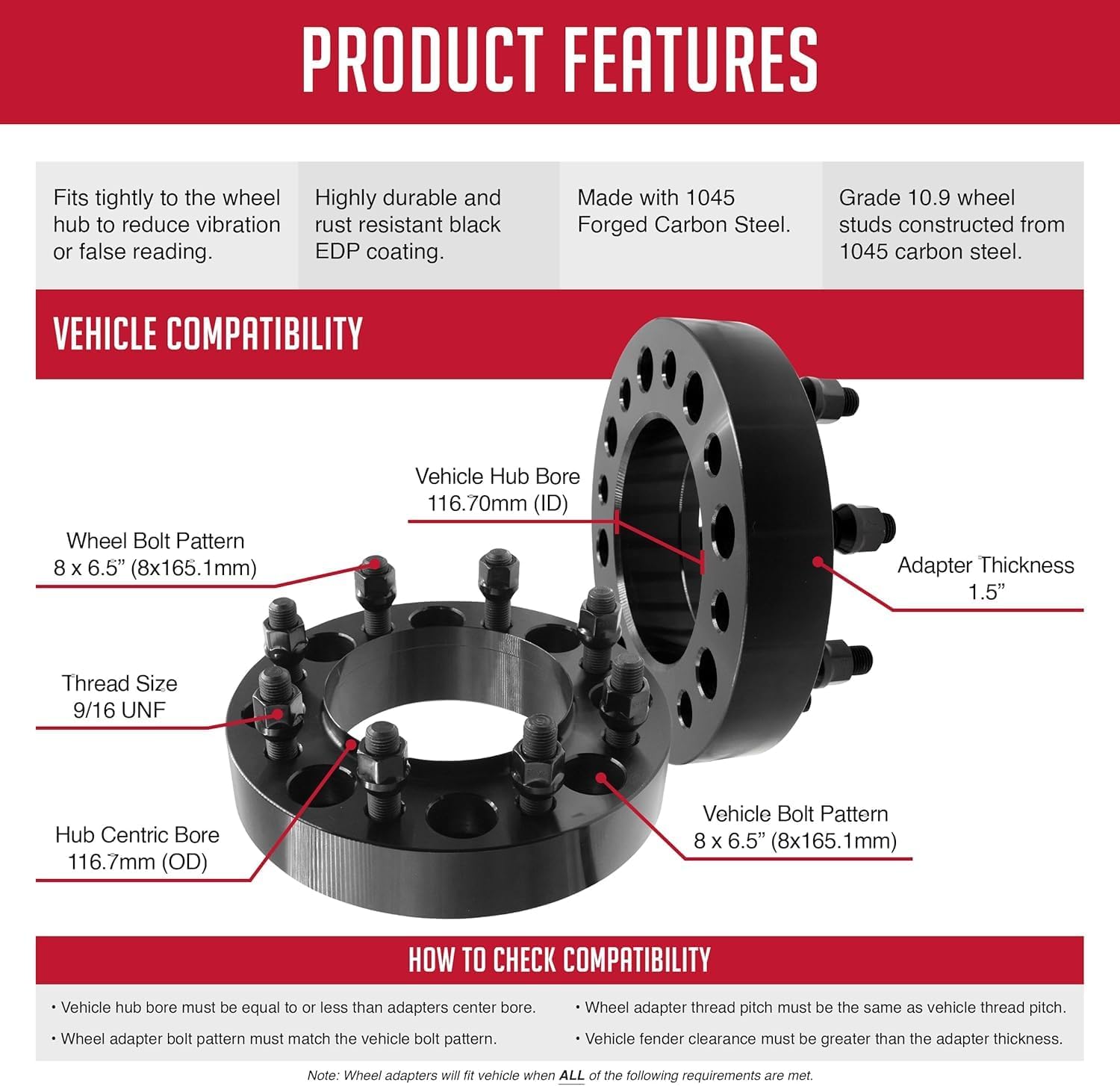 Wheel Accessories Parts 1 Pc Steel Hub Centric Wheel Spacers 8 on 6.50 8x6.50 1.50 Inch Thick 116.7mm Hub 9/16" Thread Stud Fits Chevrolet C20 K20 K30 GMC C2500 C3500 G3500 Front Only