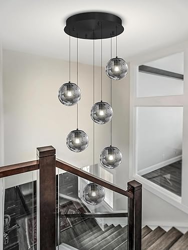 Miniatura 8 de Lámpara colgante de cristal de 6 luces, moderna lámpara de globo de vidrio gris ahumado, candelabros grandes para techos altos, entrada, luz