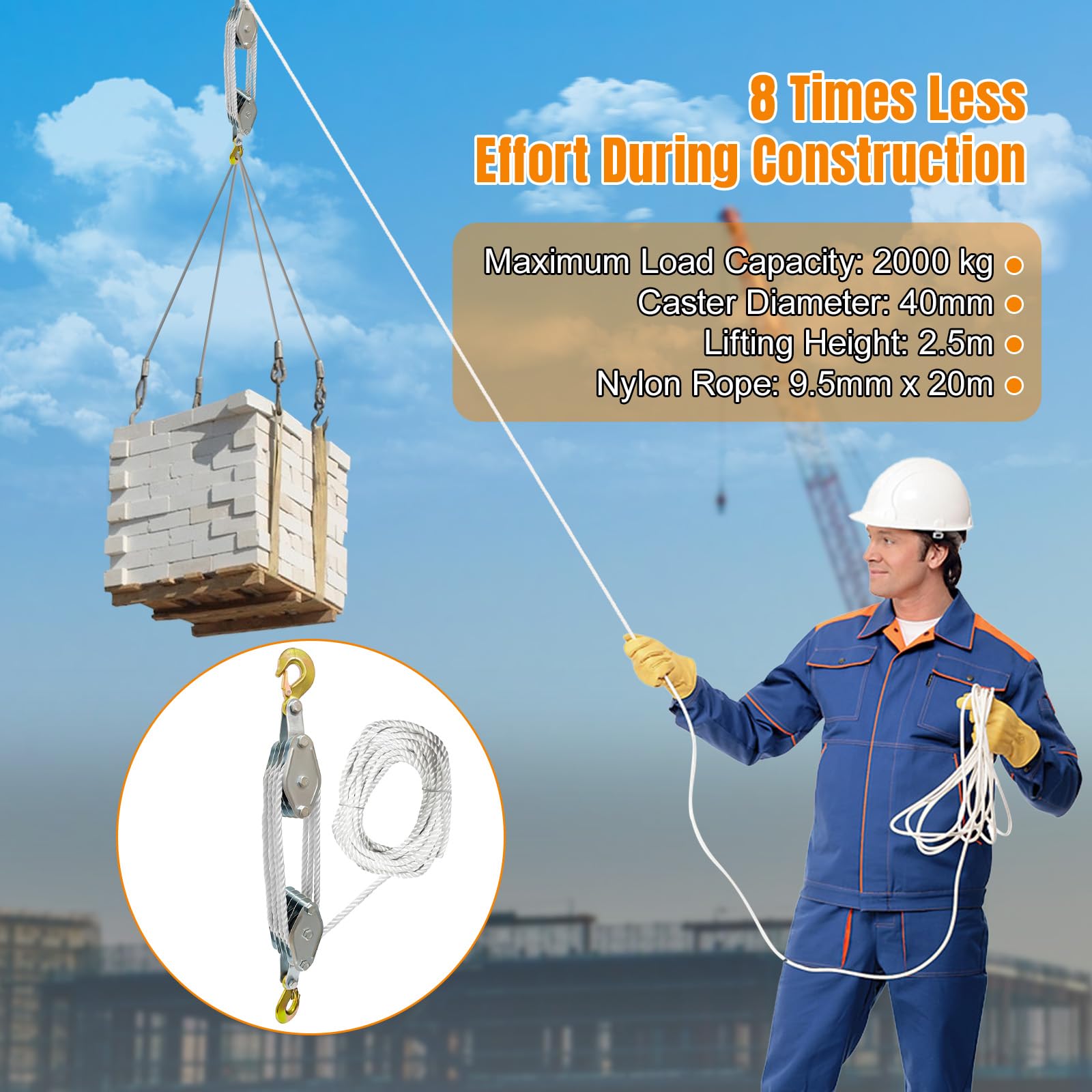 Roadtime Carrucola per carichi pesanti con 20 m di nylon, 2,4 m, 8 pulegge, fune manuale per sollevamento, carrucola manuale che fa risparmiare lavoro, 2200 libbre di portata, trazione a fune con