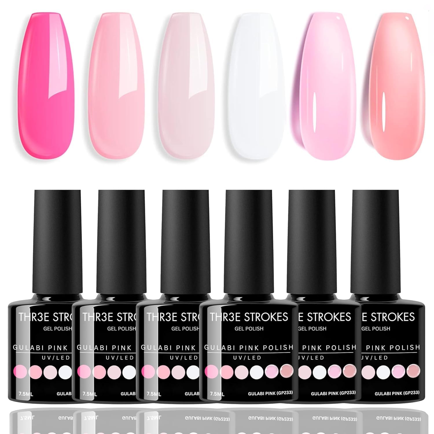THR3E STROKES Pink Gel Nail Polish Set, 6 Colors Light Soft Pink White Nude Pink Soak Off Summer Nail Art Gel Design Manicure Kit Salon DIY Home Gift for Women Girlfriend Girl 7.5 Milliliters (GULABI PINK GP233)-image-49