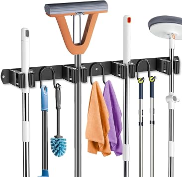 Broom Holder Wall Mount, Stainless Steel Mop Hanger with 4 Slots 6 Hooks, Tool Storage Wall Organizer for Kitchen Garden Garage Laundry Room Bathroom and RV, Black 1-Pack