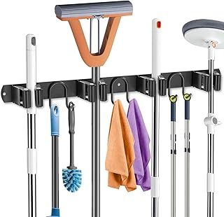 Mop Broom Holder Wall Mount, Black Stainless Steel Tool Storage Organizer for Kitchen Garden Garage Laundry Room Bathroom and RV with 4 Slots 6 Hooks