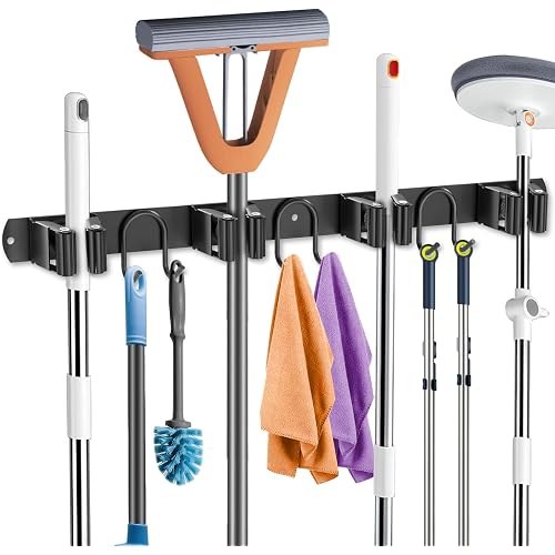 Mop Broom Holder Wall Mount, Black Stainless Steel Tool Storage Organizer for Kitchen Garden Garage Laundry Room Bathroom and RV with 4 Slots 6 Hooks