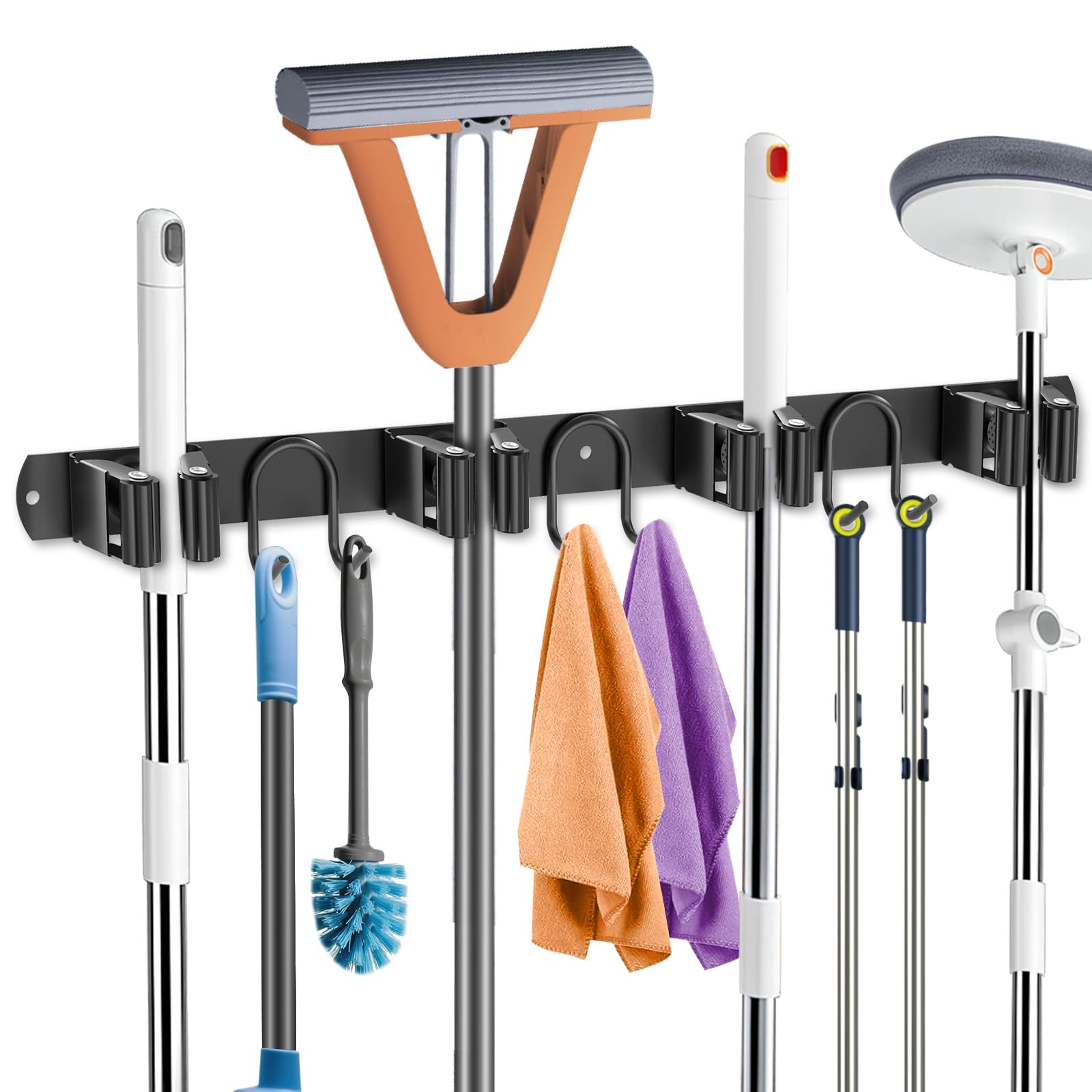 GUUKAR Broom Holder Wall Mount, Stainless Steel Mop Hanger with 4 Slots 6 Hooks, Tool Storage Wall Organizer for Kitchen Garden Garage Laundry Room
