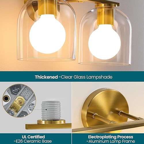 Miniatura 4 de WOSHITU Lámparas de tocador de baño 14.2 pulgadas modernas lámparas de baño doradas sobre espejo con pantalla de vidrio transparente, oro cepillado