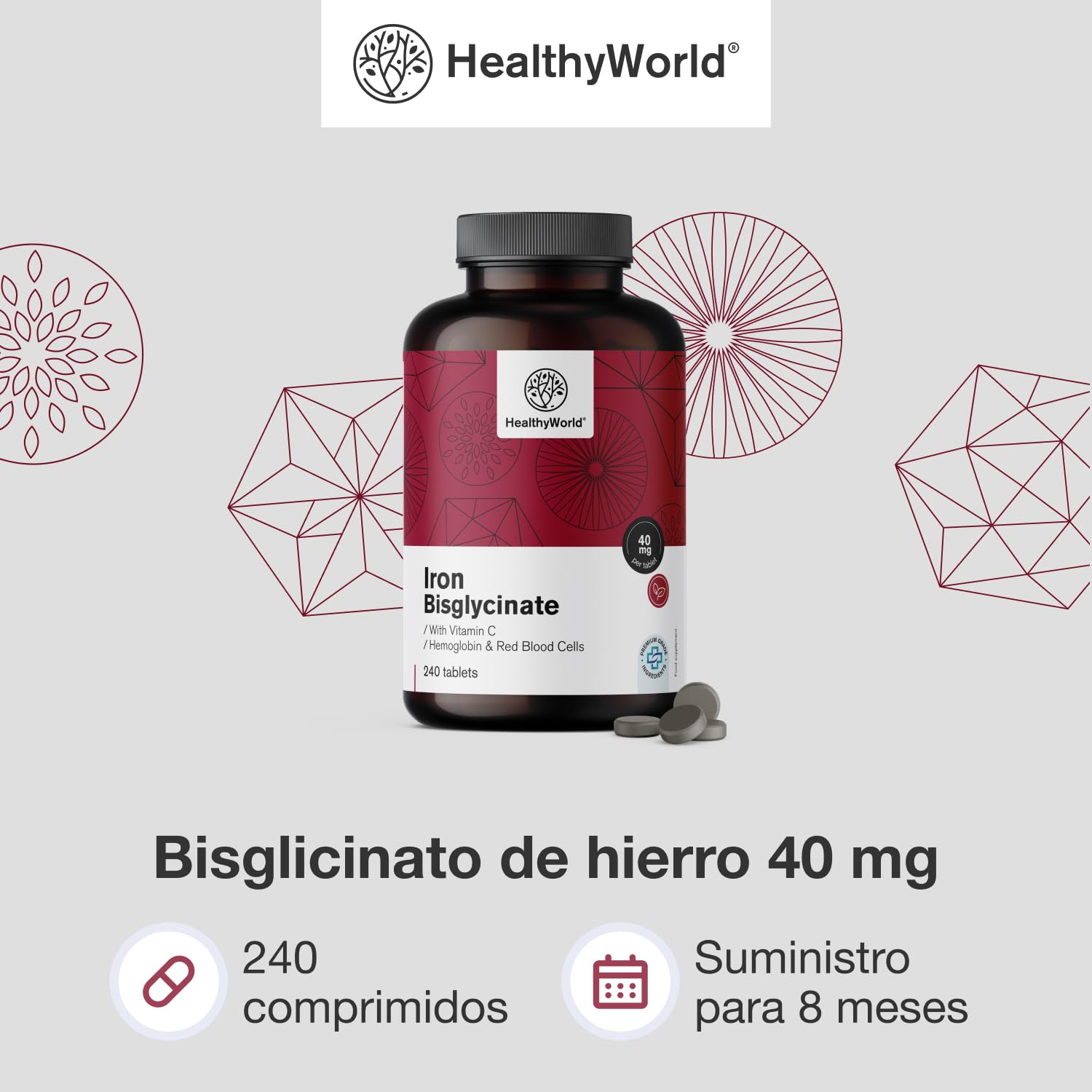 HealthyWorld Bisglicinato de hierro - Con vitamina C - 240 Comprimidos - Suministro para 8 meses - Sin OMG ni colorantes artificiales - 40 mg de hierro, 40 mg de vitamina C - Máxima calidad