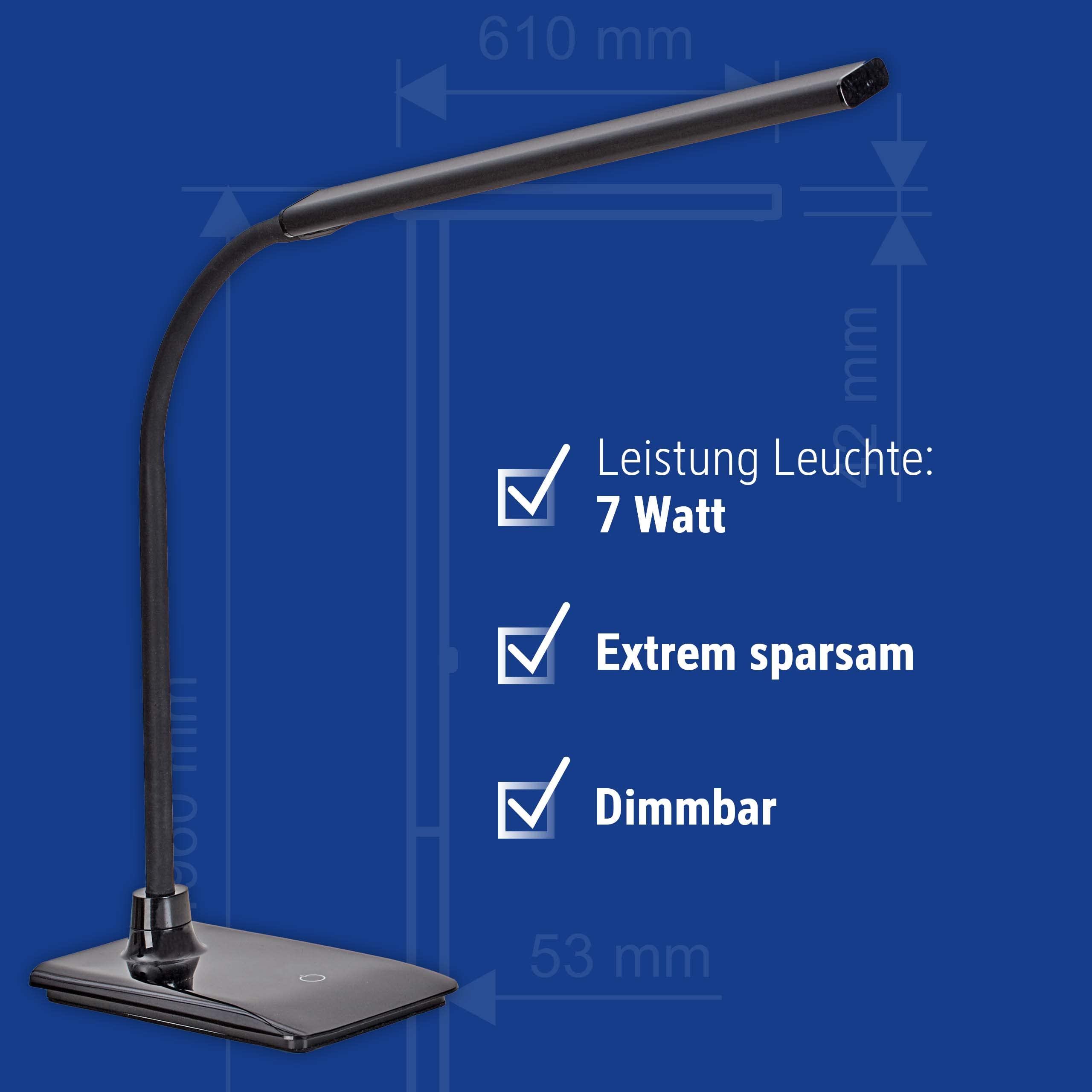 MAUL Lampa biurkowa LED MAULpirro czarna ściemniana z podstawą | przyjemne ciepłe światło, 4 poziomy jasności, intuicyjny panel dotykowy, regulowany kąt świecenia, stabilna stopa