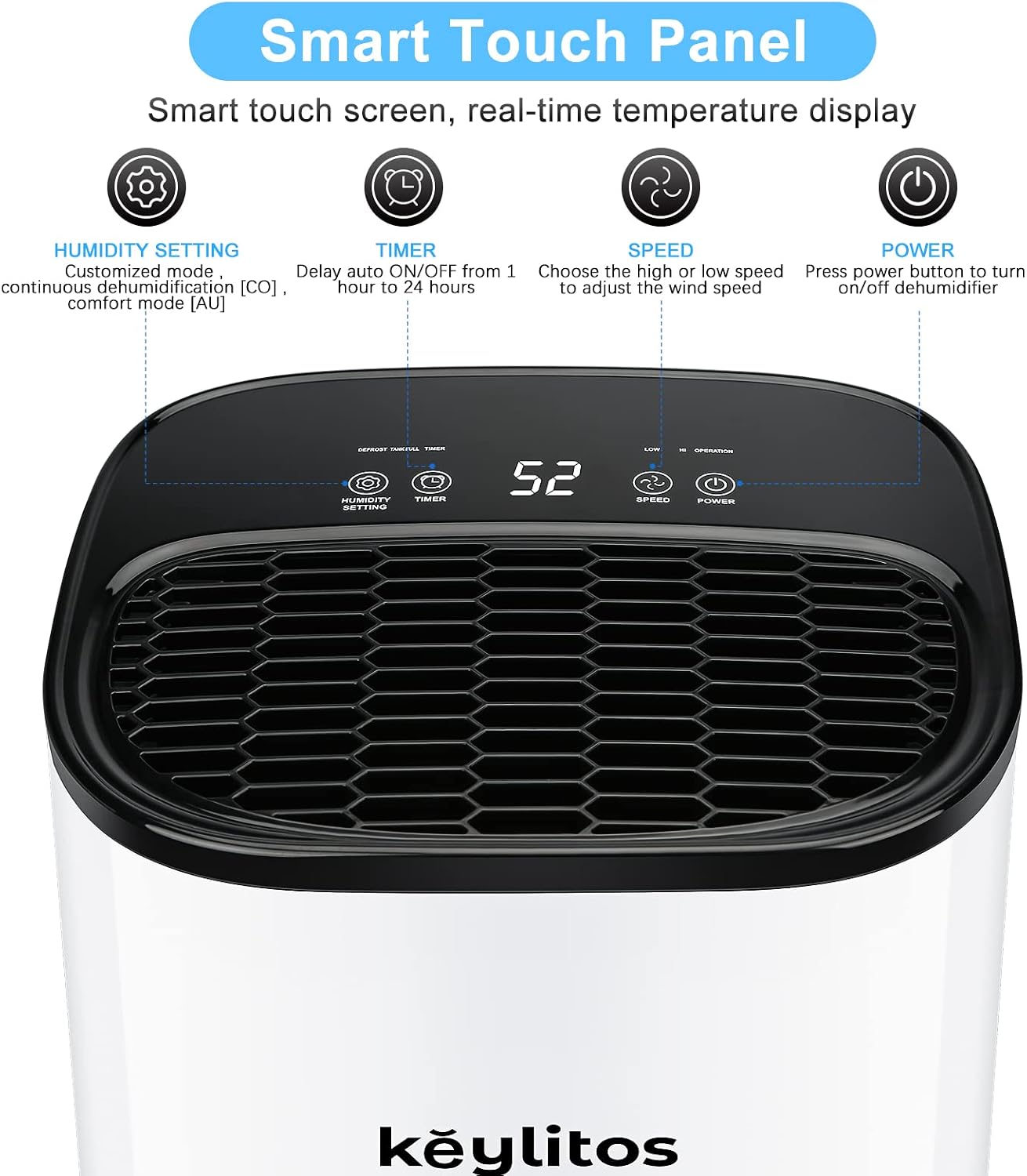Keylitos 30 Pint Dehumidifiers for Home and Basements, 2000 Sq.Ft Quiet Dehumidifier with Drain Hose, Auto or Manual Drainage, Auto Shut Off, 24H Timer, Laundry Dry for Large Room, Garage, Bedroom, Bathroom