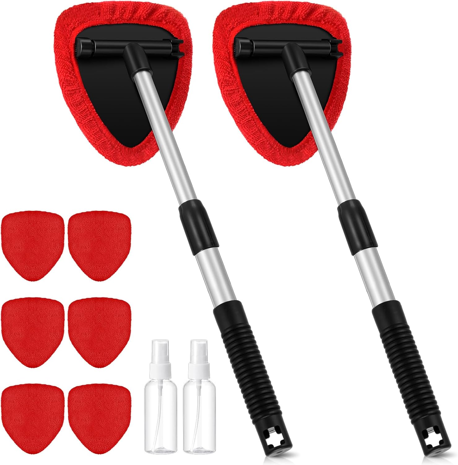 Baderke 10 Pcs Windshield Cleaner Tool Car Window Cleaning Supplies with Extendable Handle Include 6 Washable Microfiber Bonnets 2 Empty 60ml Spray Bottle Glass Wiper Kit(Red)