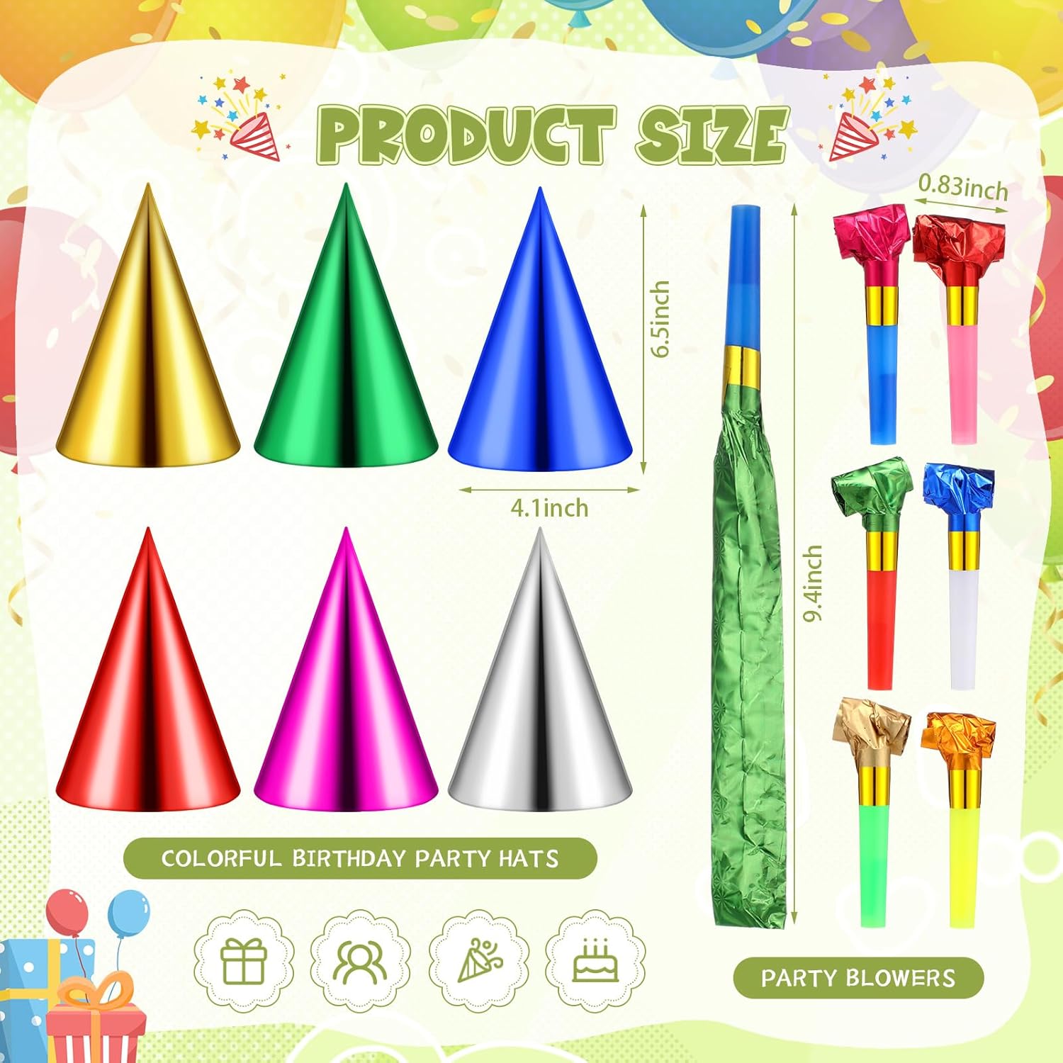 WinnerWhy 300 Pcs Birthday Party Cone Hats and Colorful Noisemakers Blowers Set Metallic Foil Paper Cone Hats Noisemakers Blow Whistle for Adults Birthday Party Supplies