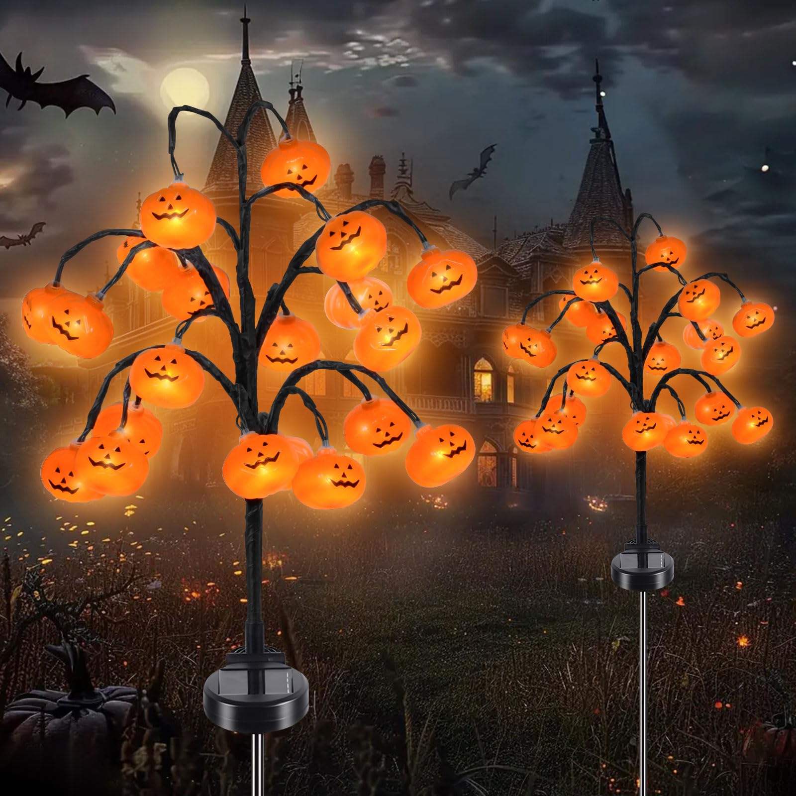 Ninonly Solar Halloween Light Pumpkin Decoration, 2 Pack 40LED Orange Pumpkin Stakes Lights