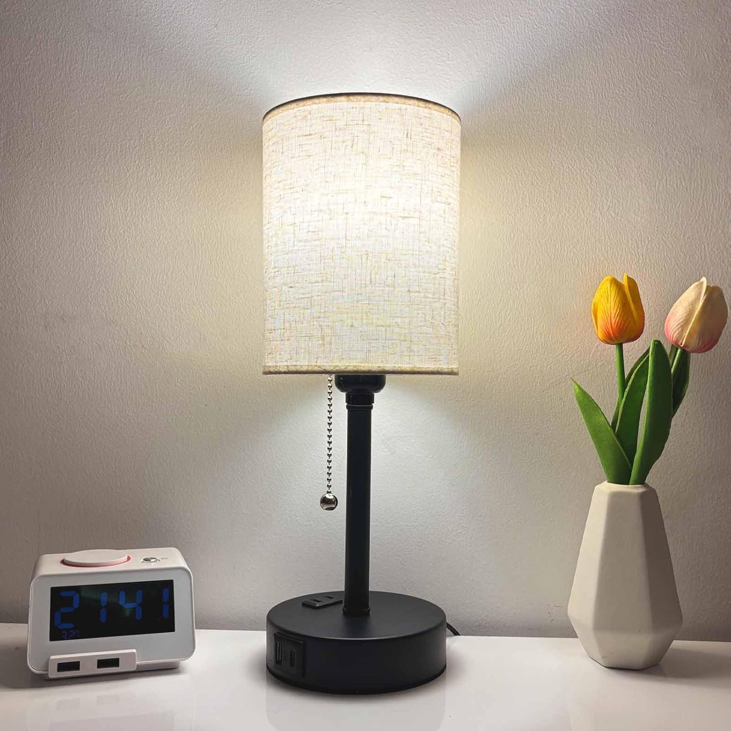 Small Bedside Table Lamp for Nightstand with USB & Outlet, 3 Color, Matte Black, Gray Lampshade (LED Bulb Included)