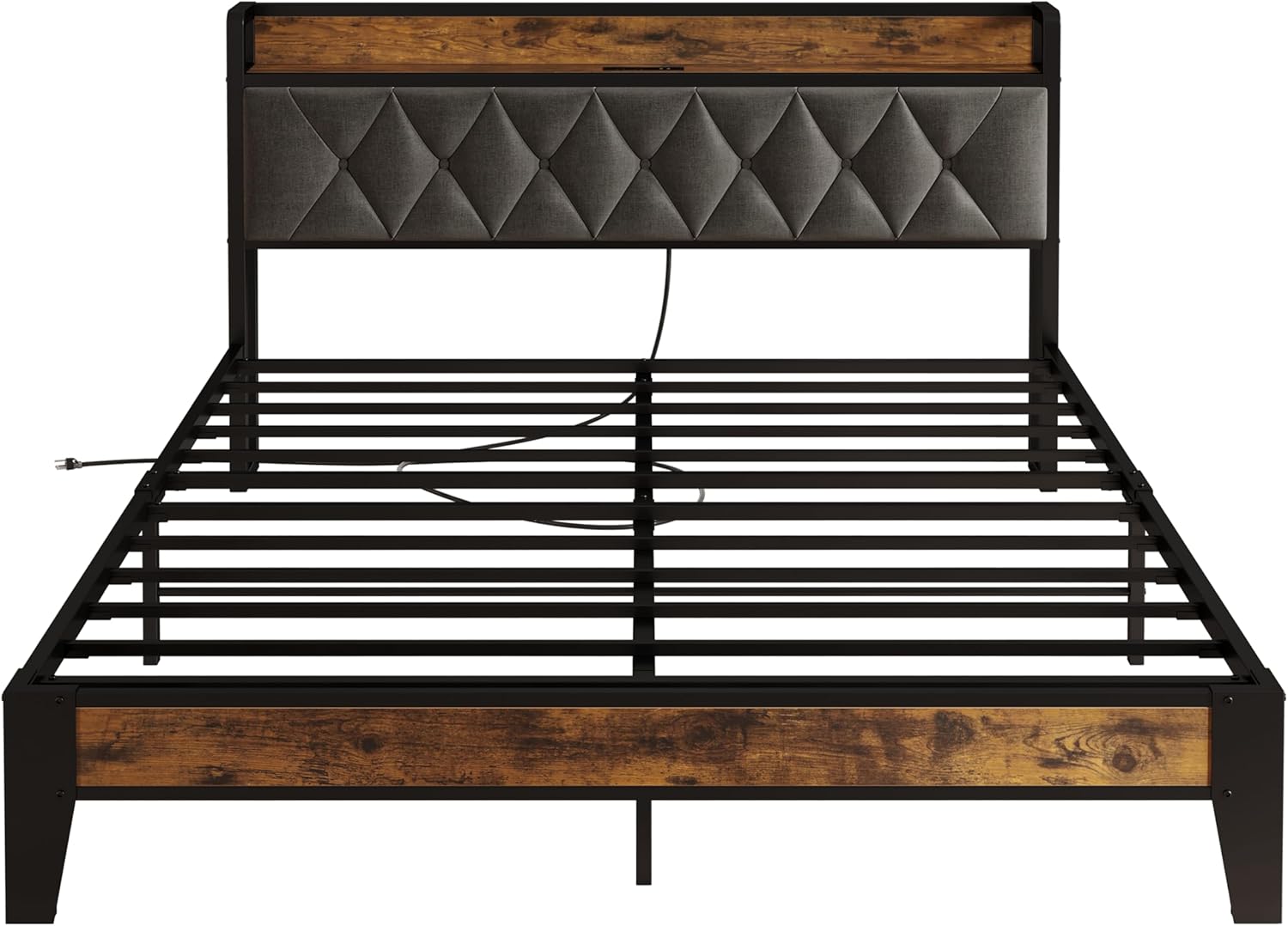 ANCTOR Full Size Bed Frame, Tufted Upholstered Headboard with Built-in Storage & Power Outlets, Heavy-Duty Metal Frame, Noise-Free, No Box Spring Required, Easy Assembly
