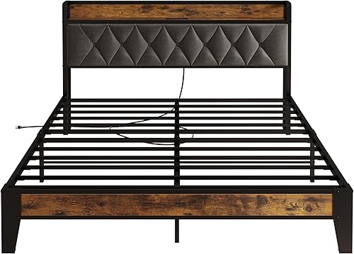 Miniatura 8 de ANCTOR Base de cama de tamaño matrimonial, cabecera tapizada con almacenamiento integrado y tomas de corriente, marco de metal resistente, sin